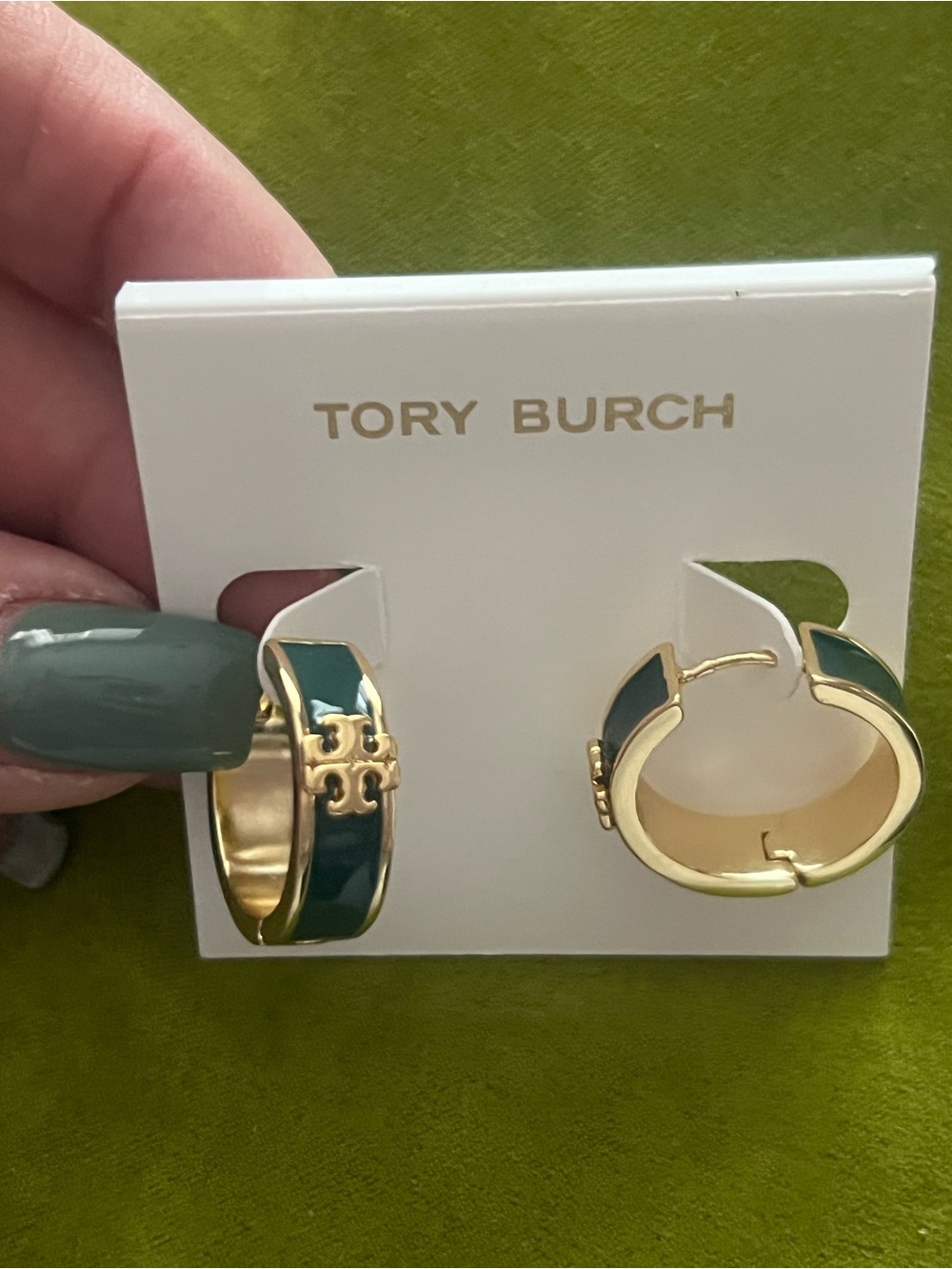 Tory Burch Kira enamel Green and Gold Hoop huggie Earrings